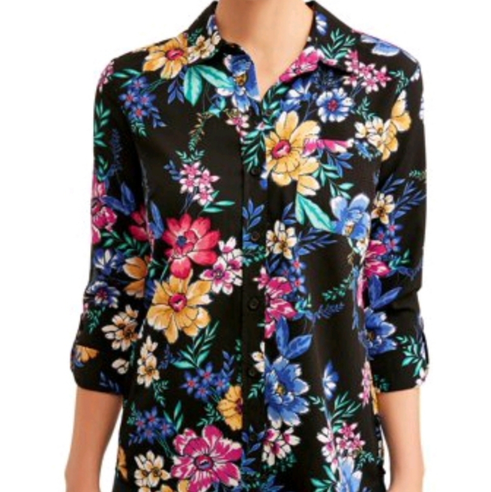 Time & Tru Roll Cuff Button Front Dark Floral